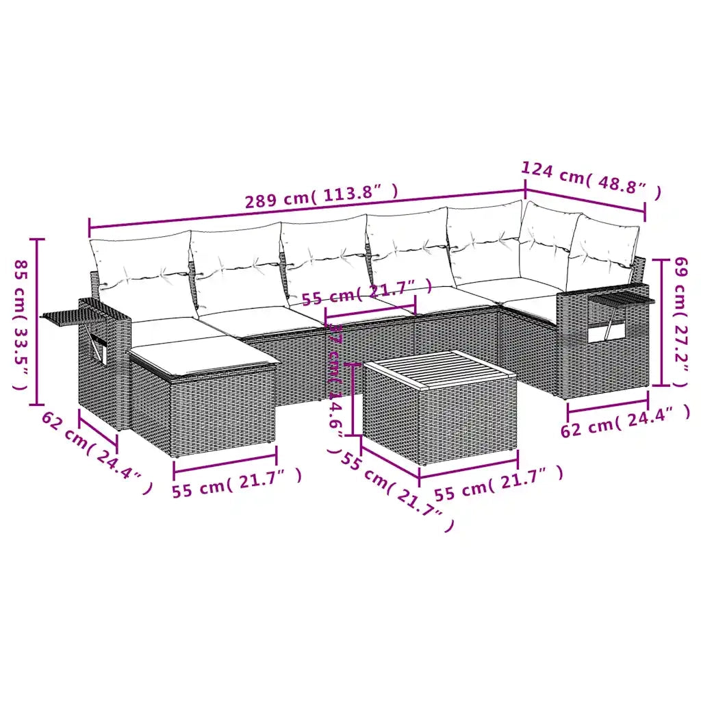 Set Divani da Giardino 8 pz con Cuscini Nero in Polyrattan 3224671