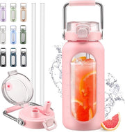 Bottiglia di vetro da 1900 ml con maniglia di canna e manico in acciaio inossidabile, bottiglia d'acqua motivazionale da mezza gallone con fodero in silicone e cronometro, controllo della vostra assunzione quotidiana di acqua, colore rosa