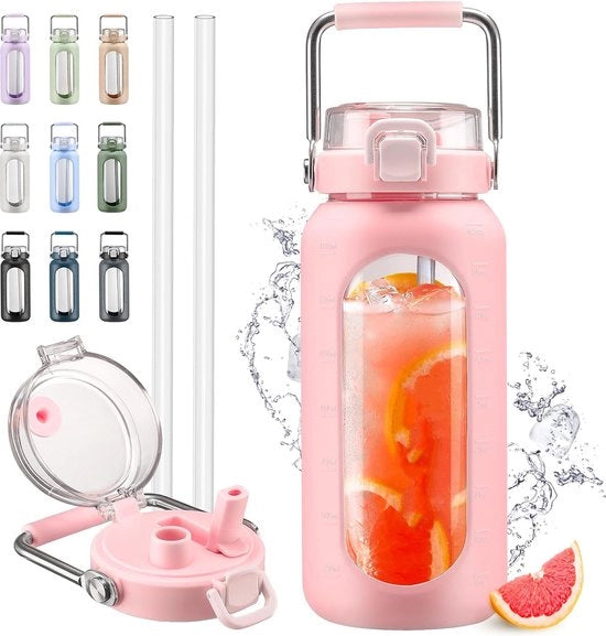 Bottiglia di vetro da 1900 ml con maniglia di canna e manico in acciaio inossidabile, bottiglia d'acqua motivazionale da mezza gallone con fodero in silicone e cronometro, controllo della vostra assunzione quotidiana di acqua, colore rosa