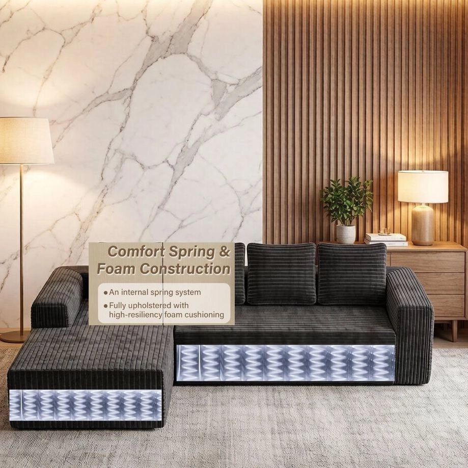 Divano modulare a L con chaise longue reversibile; 2 moduli; velluto a coste grigio