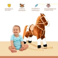 Cavallo a Dondolo in Legno con Suono Animale Regalo Giocattolo per i Bambini, 74 x 28 x 65 cm, Marrone