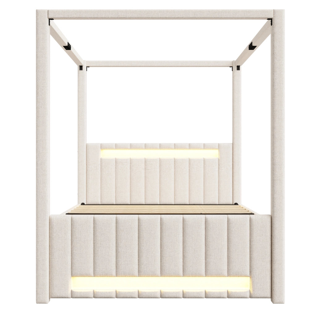 Letto a baldacchino imbottito 140x200 cm con letto estraibile; 3 cassetti; LED; beige