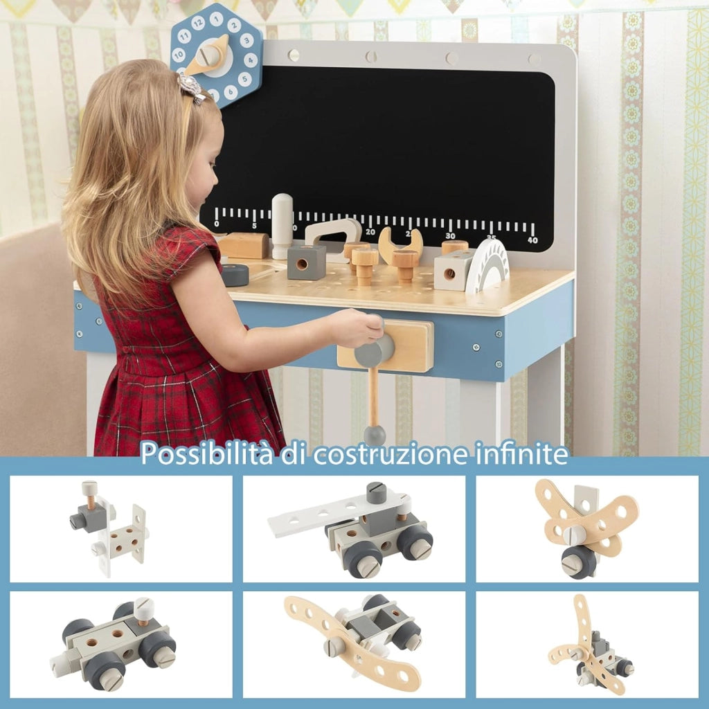 Set Banco da Lavoro per Bambini, Tavolo da Lavoro per Bambini in Legno con 61 Attrezzi e Parti, Giochi Costruzione Educativi, per Bambini 3-5 Anni