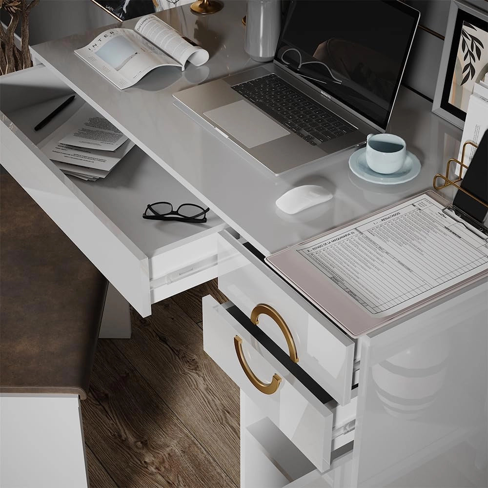 Scrivania Adela, Bianco lucido, 115 x 55 cm con 3 cassetti, adatto come postazione di lavoro per smart working e studio