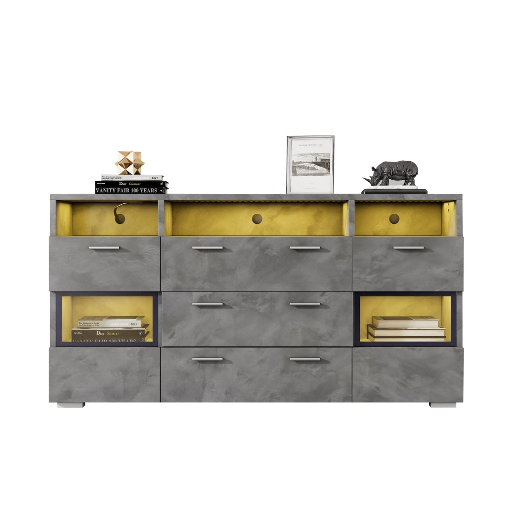 Sideboard grigio 140 cm con LED; 2 ante in acrilico; 3 cassetti e 3 vani aperti