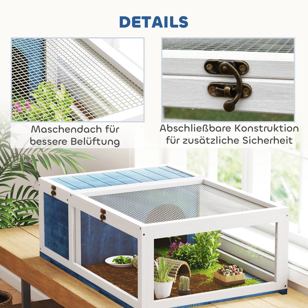 Casetta per tartarughe in legno con tetto apribile ¨C zephmum ¨C 91x60.5x32 cm, blu