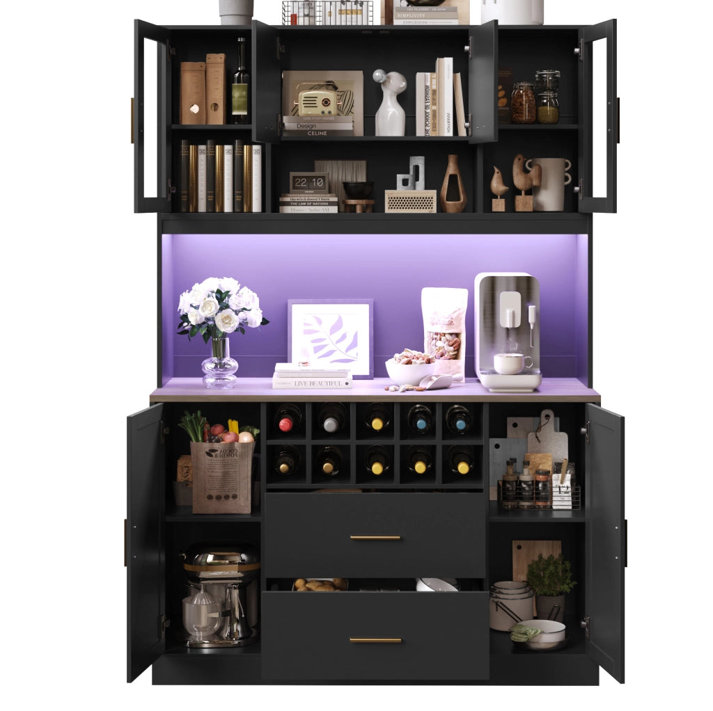 Credenza alta 120x36,3x180 cm in MDF nero con LED, prese USB, 6 ante e 2 cassetti