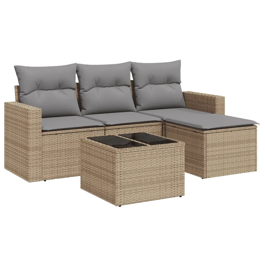 Set Divano da Giardino 5 pz | Set Salotto da Giardino con Cuscini Beige in Polyrattan