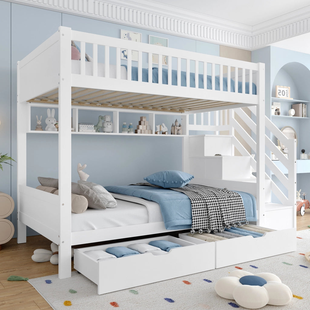Letto a castello con scalinata contenitiva in pino bianco 90x200 cm