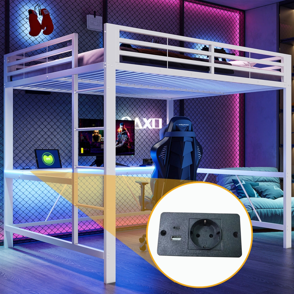 Letto a soppalco 160x200 in metallo bianco, letto gaming con scrivania, LED e USB
