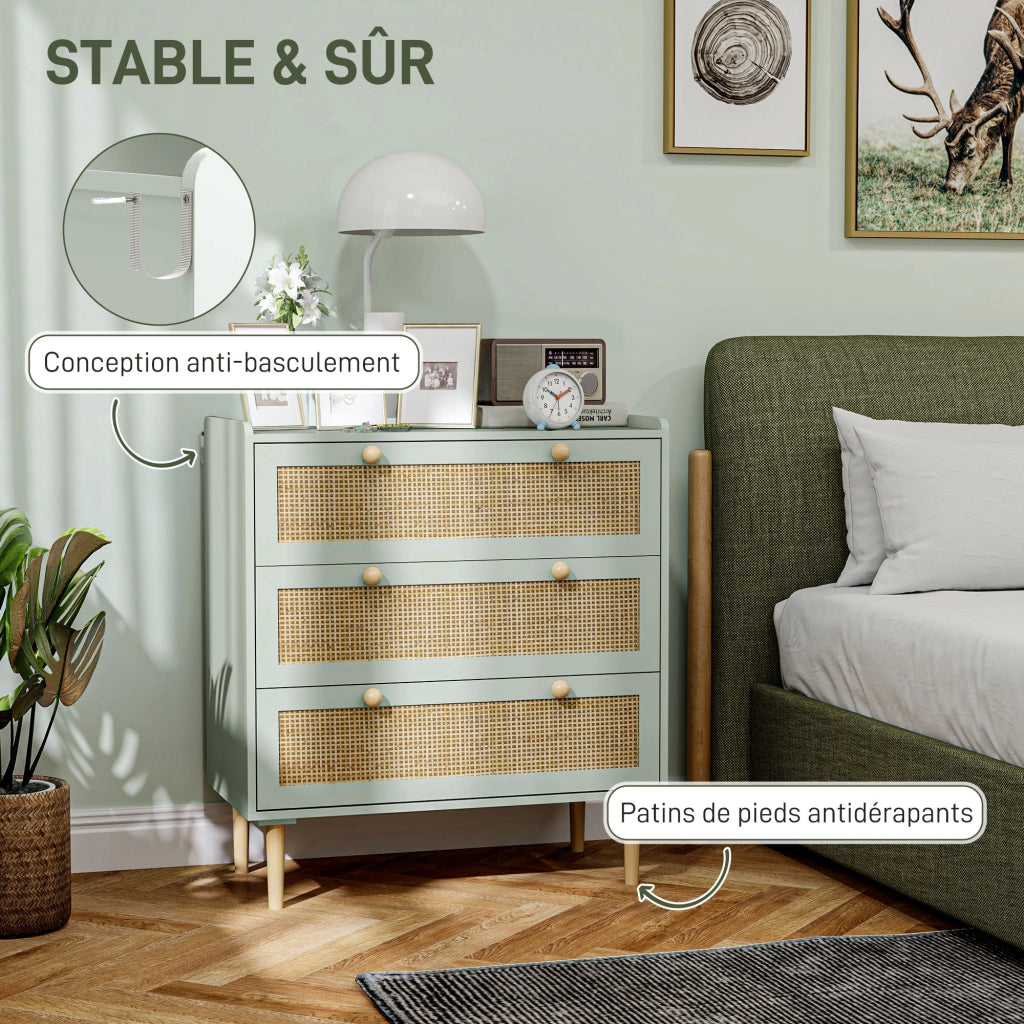 Cassettiera design boheme in rotino con 3 cassetti ¨C zephmum ¨C verde oliva