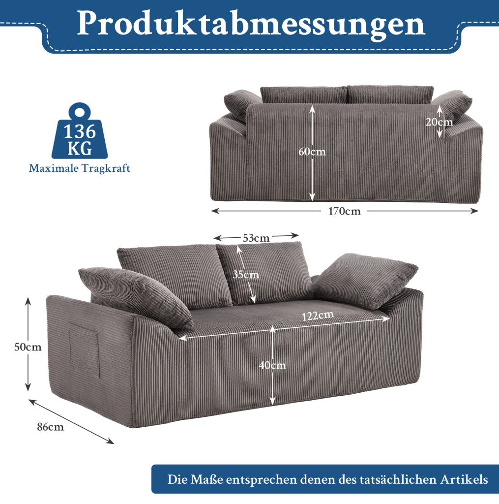 Divano basso senza struttura in tessuto marrone e grigio; 72x45x68 cm; con tasche laterali