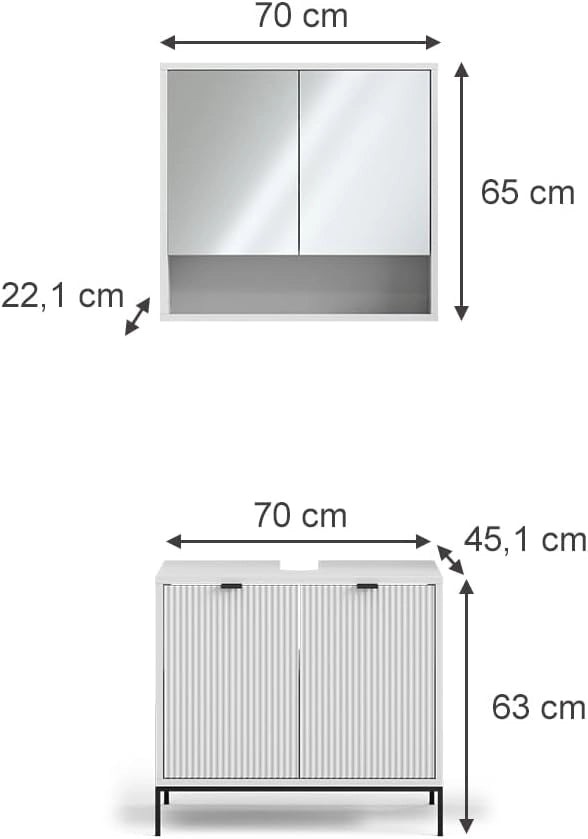 Set di mobili da bagno Eliza, Bianco, 70 cm, composto da specchio da bagno e mobile sottolavabo