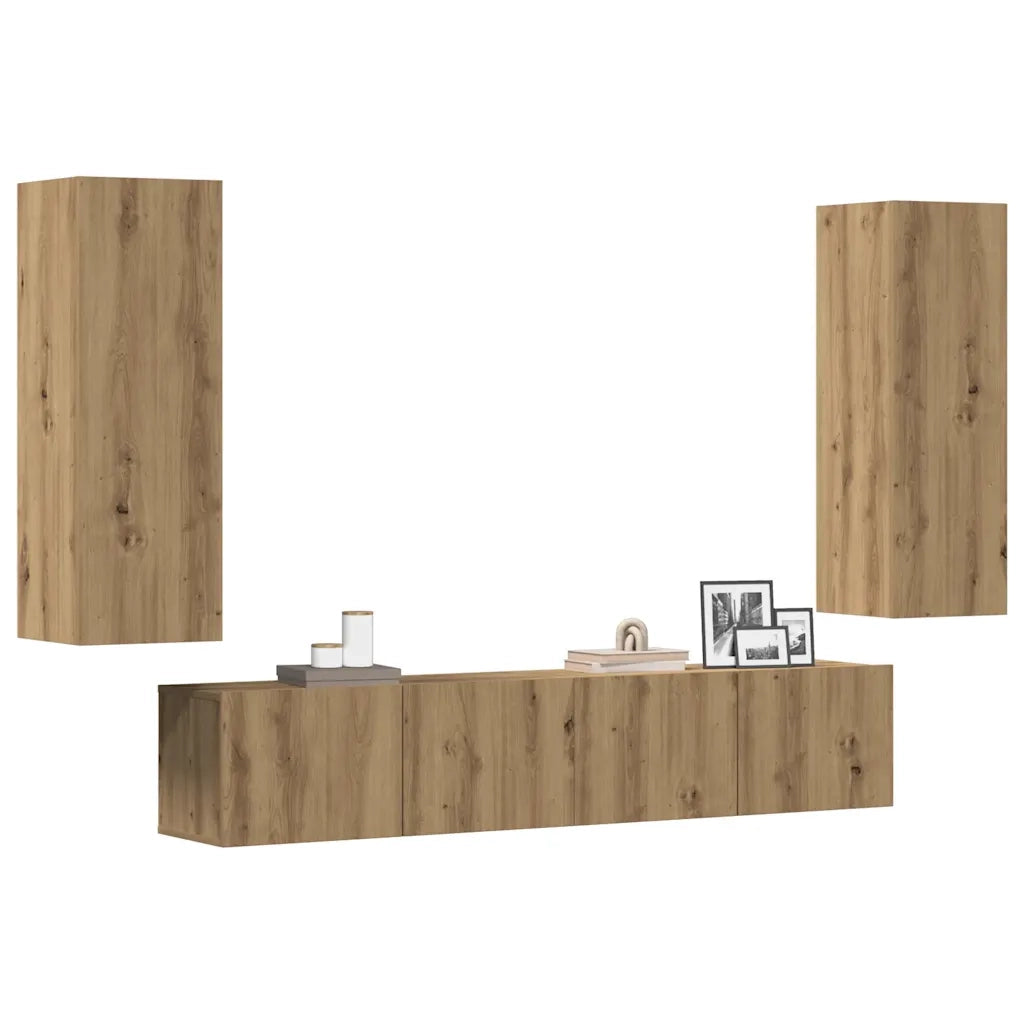 Mobili TV a Parete 4 pz | Armadietto TV | Mobile Porta TV Rovere Artigianale in Legno Multistrato