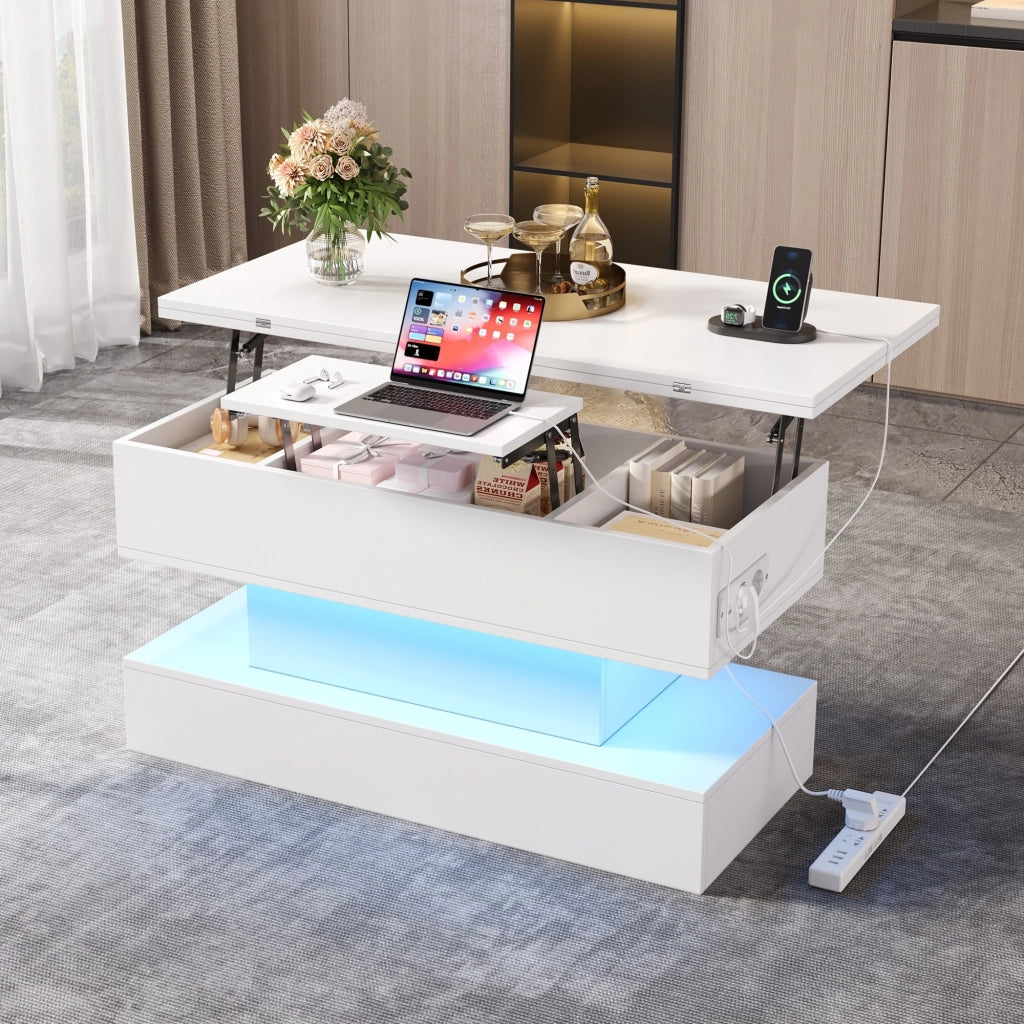 Tavolino basso sollevabile con LED e presa, vano contenitore, per soggiorno, bianco, 100 × 50 × 51,5 cm
