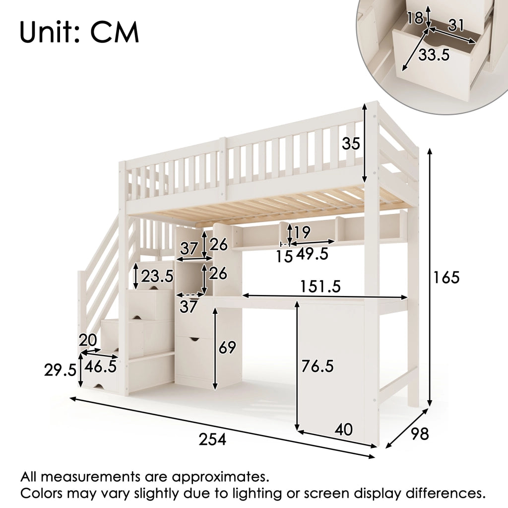 Letto a soppalco 90x200 cm bianco con scala contenitore e scrivania angolare