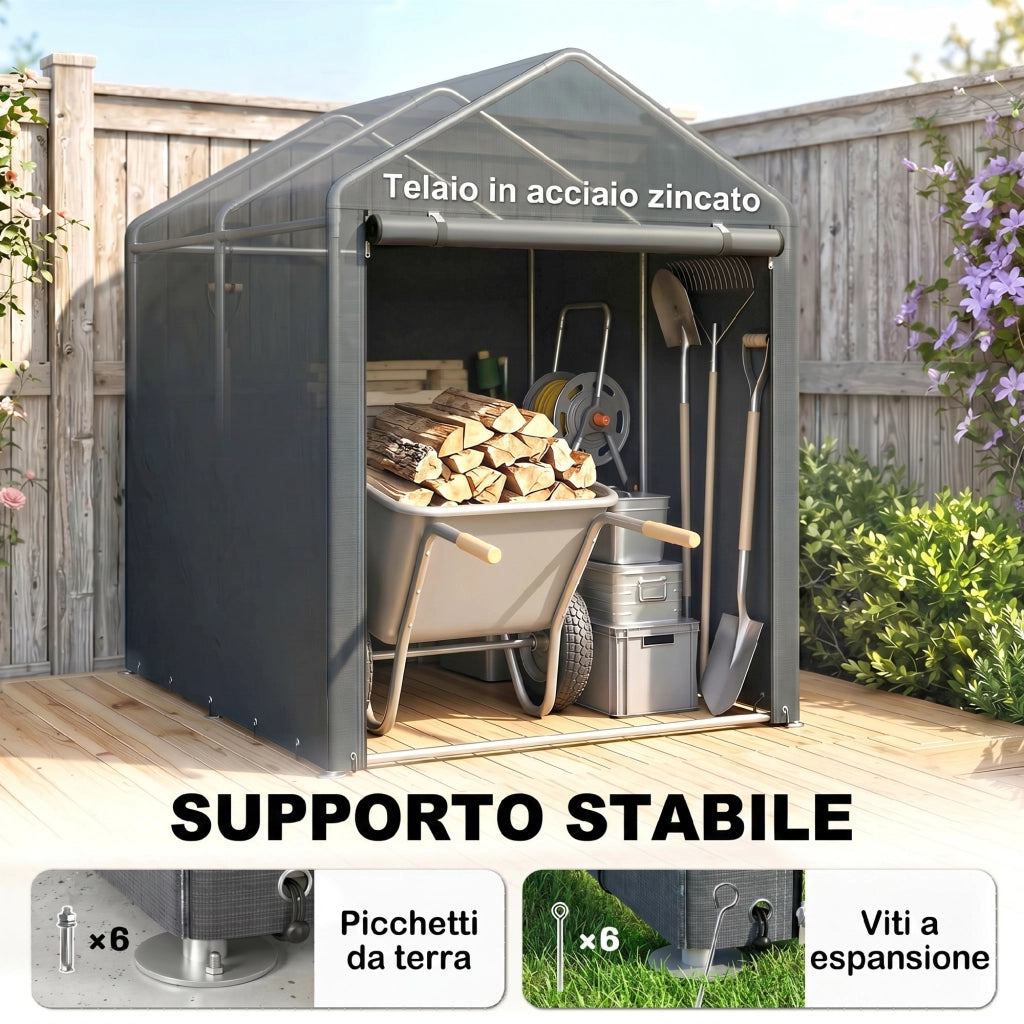 Capanno Attrezzi anti UV con Ingresso a Zip, in Acciaio Zincato e Tessuto PE,120x179x165 cm, Grigio Scuro