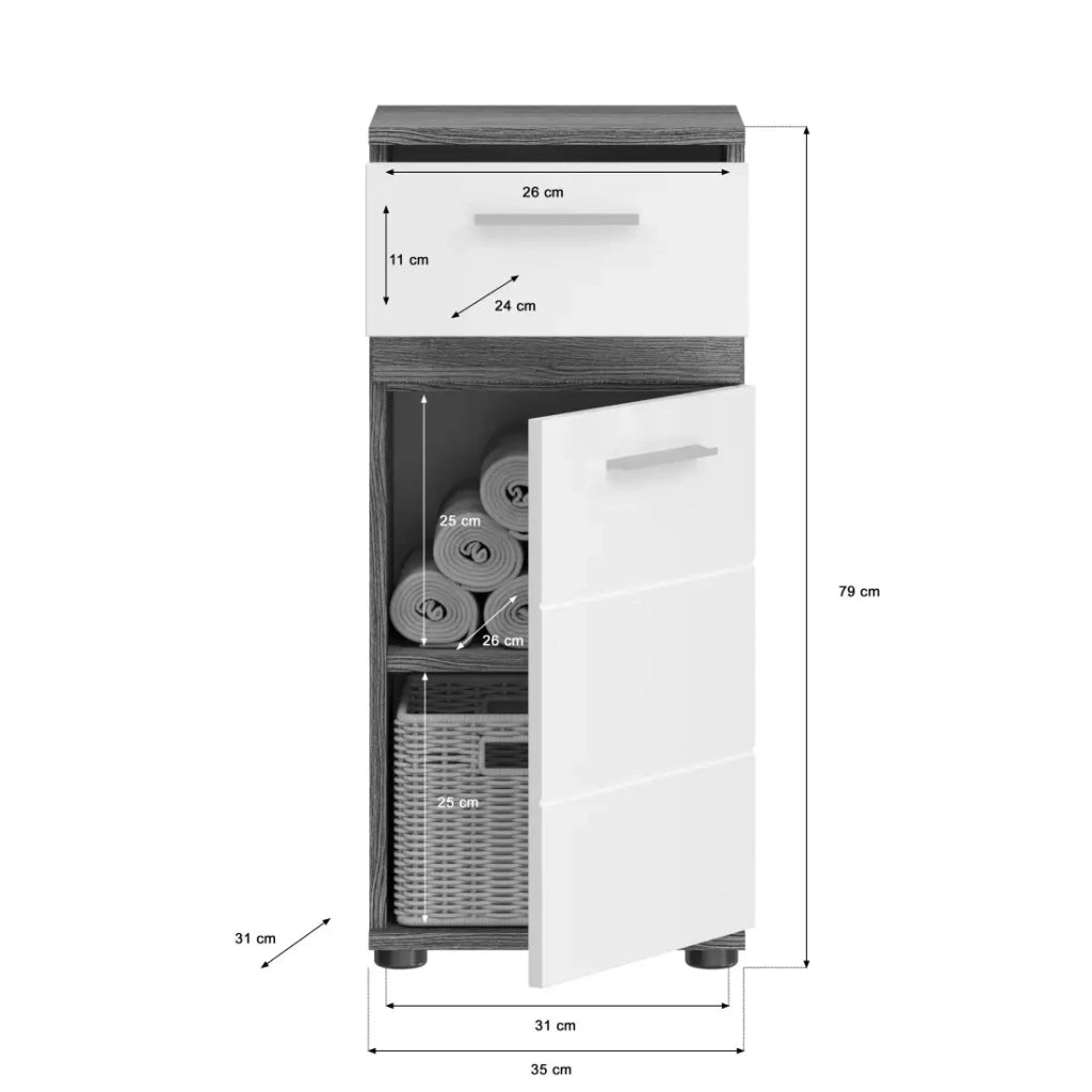 Mobiletto da bagno - Collezione WILLIAM - 2 vani, 1 porta, 1 cassetto - Colori bianco e rovere cenere