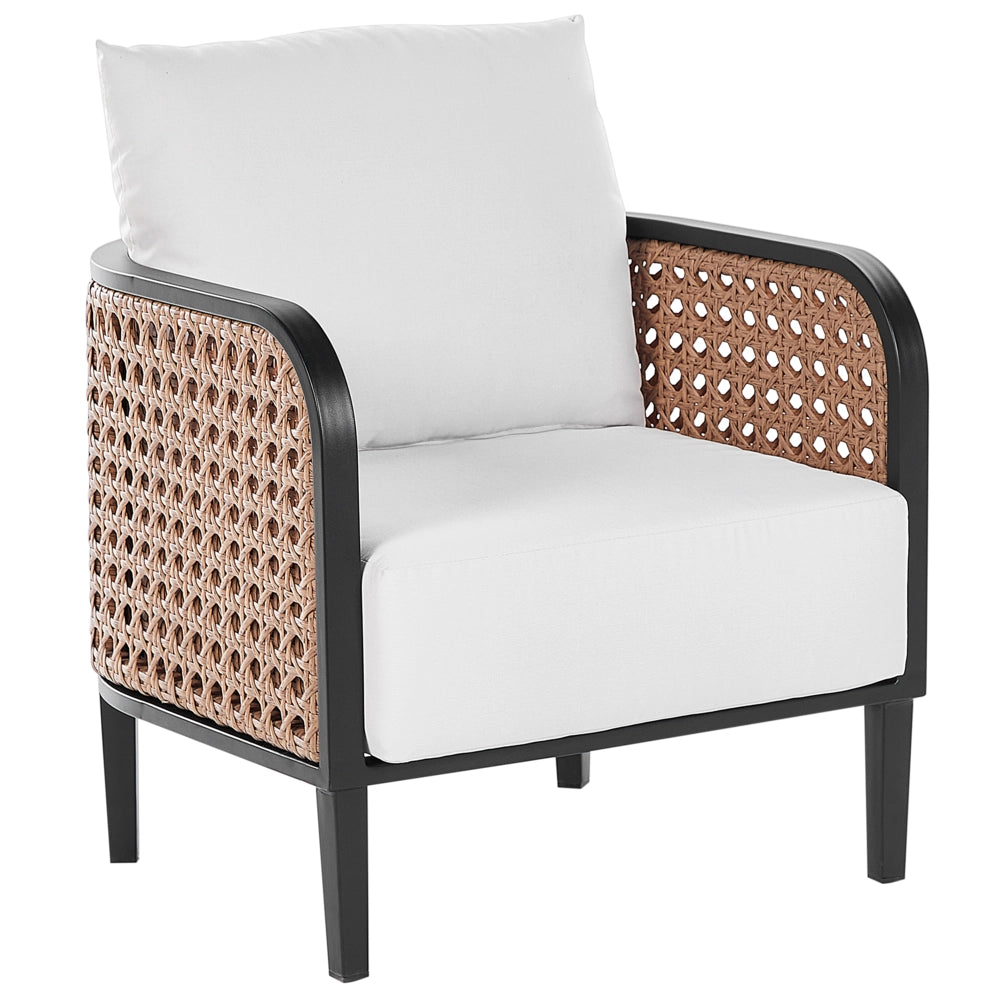 Set da giardino in metallo con divano 3 posti tavolino 2 poltrone Alluminio con cuscini idrorepellenti ad Intreccio viennese e schienale PE rattan Bianco sporco
