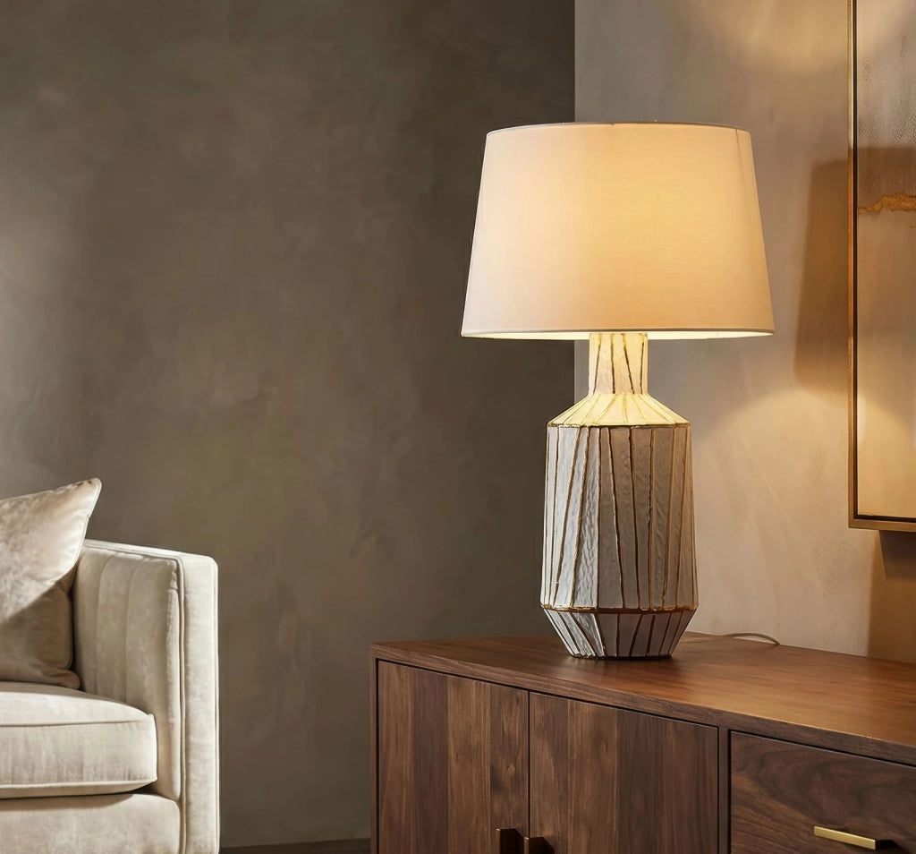 Lampada da Tavolo Tangeri Ø45x73 cm in Ceramica e Ferro e Tessuto Bianco e Oro