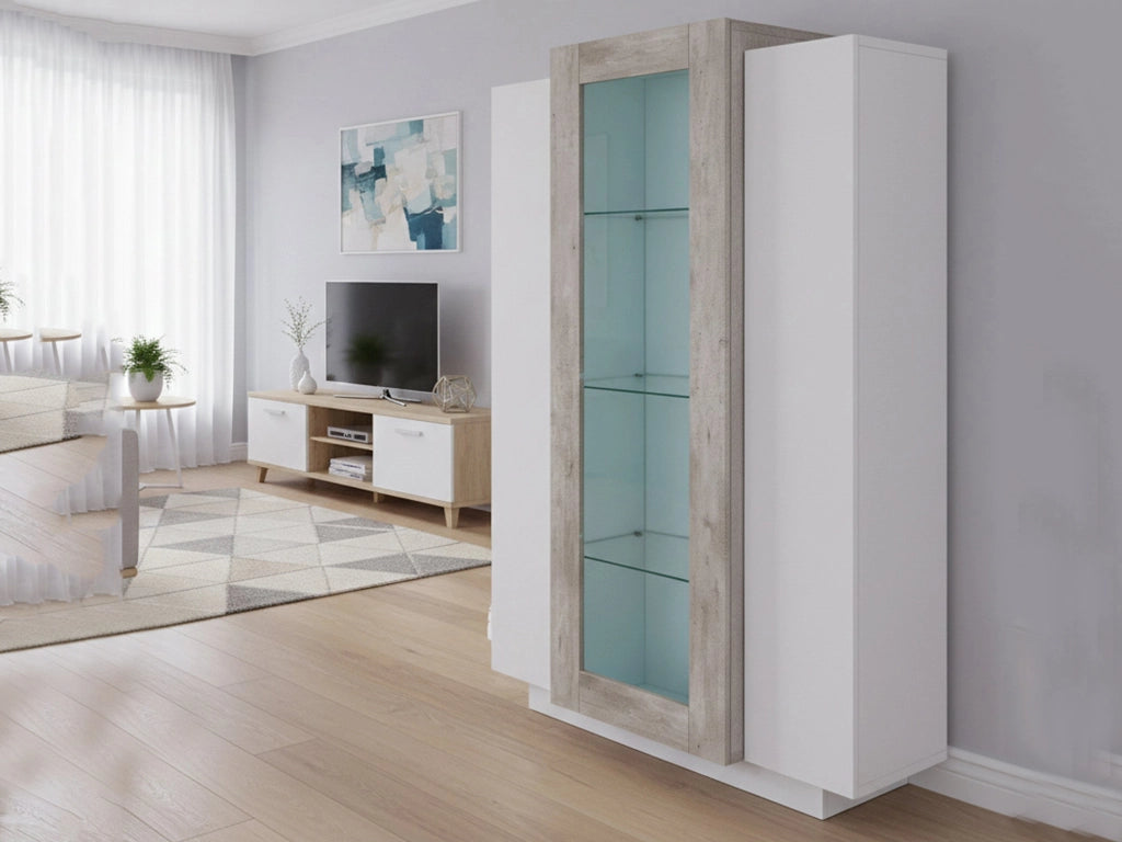 Vetrina moderna con anta a Ablaze, Made in Italy, Mobile vetrinetta da soggiorno, cm 80x38h121, Bianco lucido e Cemento