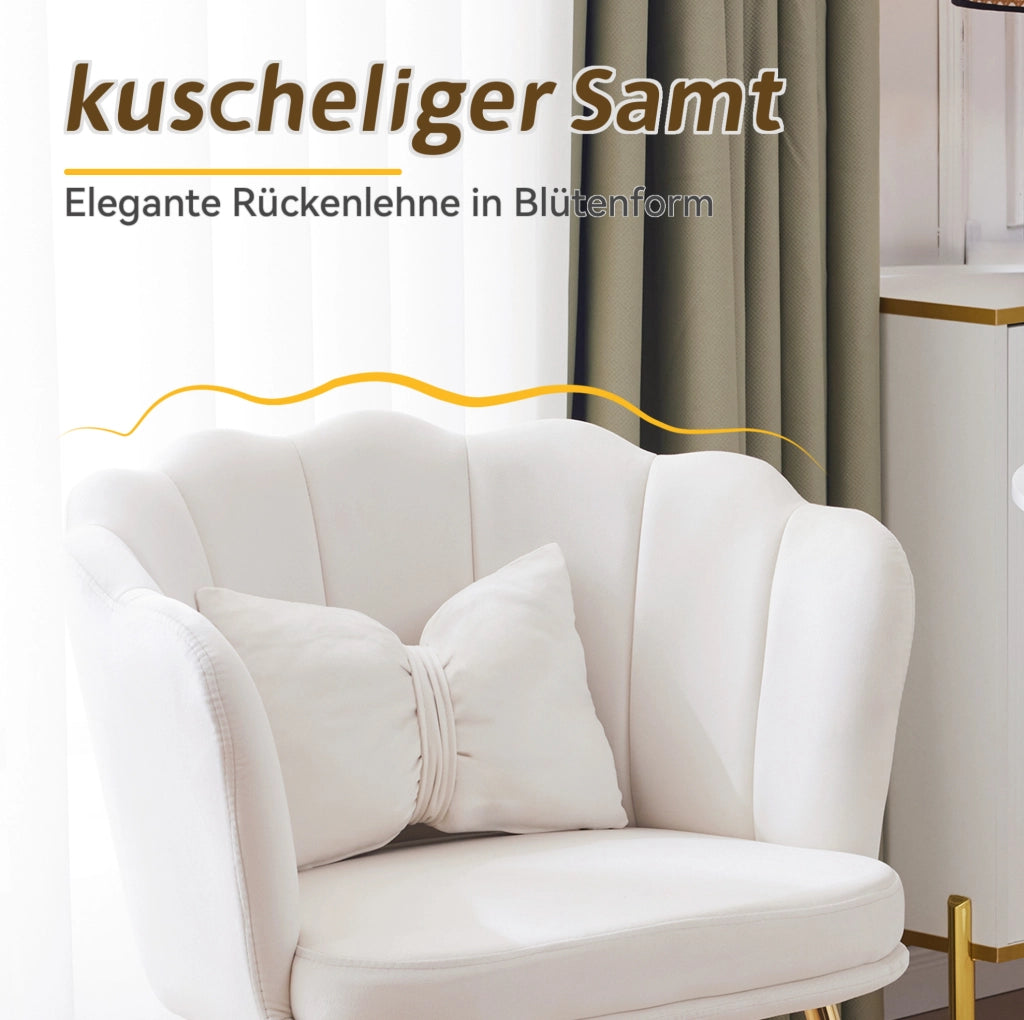 Set di 2 sedie da soggiorno in velluto beige con schienale a petalo; gambe metalliche dorate