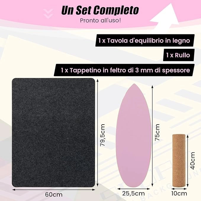 Balance Board in Legno, Tavola di Equilibrio con Rullo e Tappetino per Allenamento Skateboard Hockey Snowboard Surfing, Attrezzi 3 in 1 per Esercizi Equilibrio e Tonificazione Core