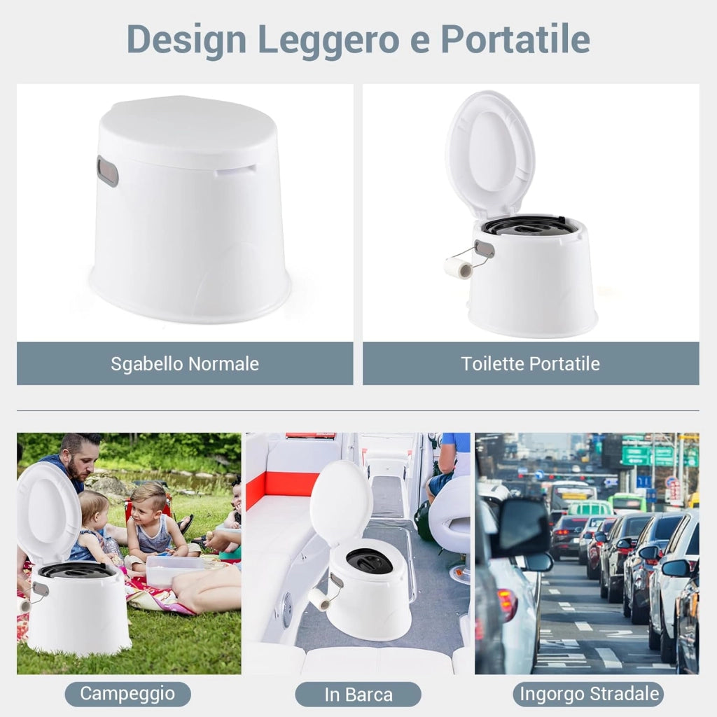 Toilette Portatile WC Chimico, WC da Viaggio Leggero con Secchio Interno Rimovibile,Water Portatile per Adulti e Anziani con Portarotolo, Supporto Carico 200 kg, 41 x 49 x 34 cm