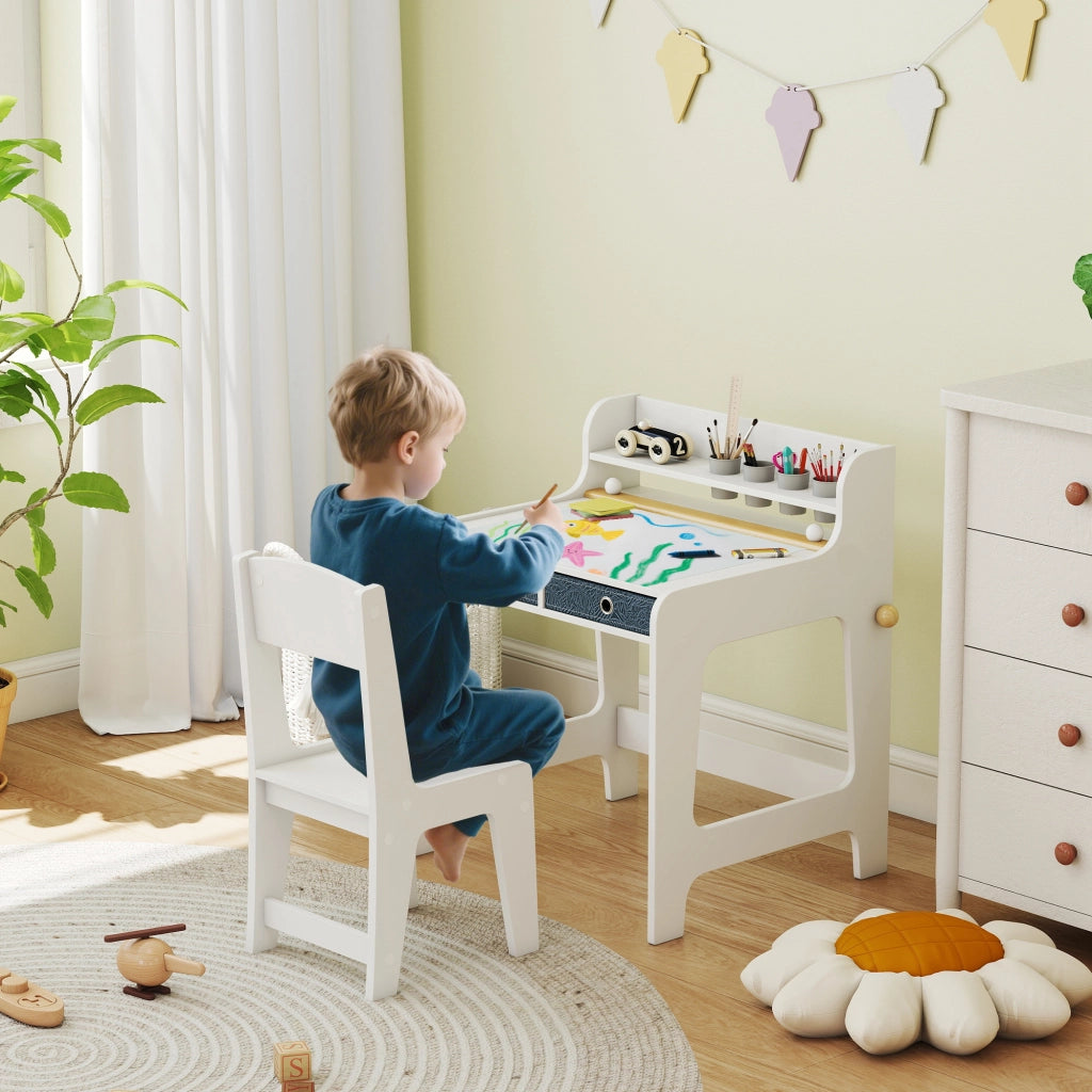 Scrivania per bambini con sedia e 2 cassetti ¨C zephmum ¨C 62.8x55.6x73.8 cm, bianco