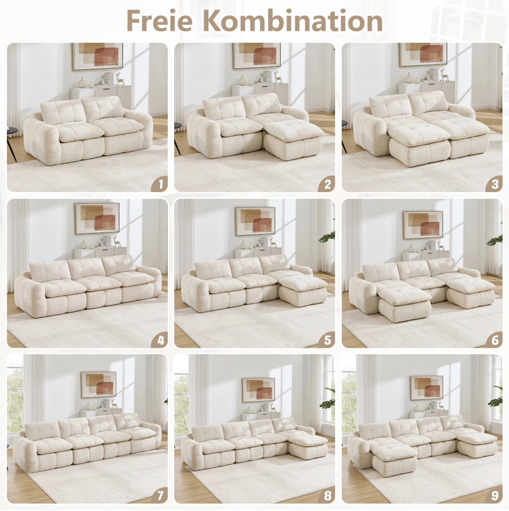 Divano modulare 334x97x68 cm in chenille beige; design senza telaio con seduta ampia e profonda