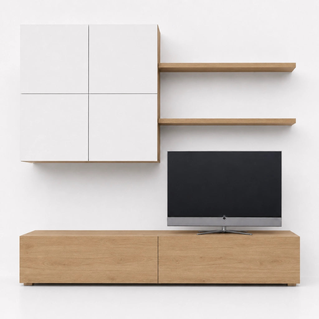 Parete Attrezzata Per Soggiorno Con Base TV 2 Ante Pensile 4 Ante E 2 Mensole Design Contemporaneo In Melaminico Facile Da Pulire Bianco E Rovere