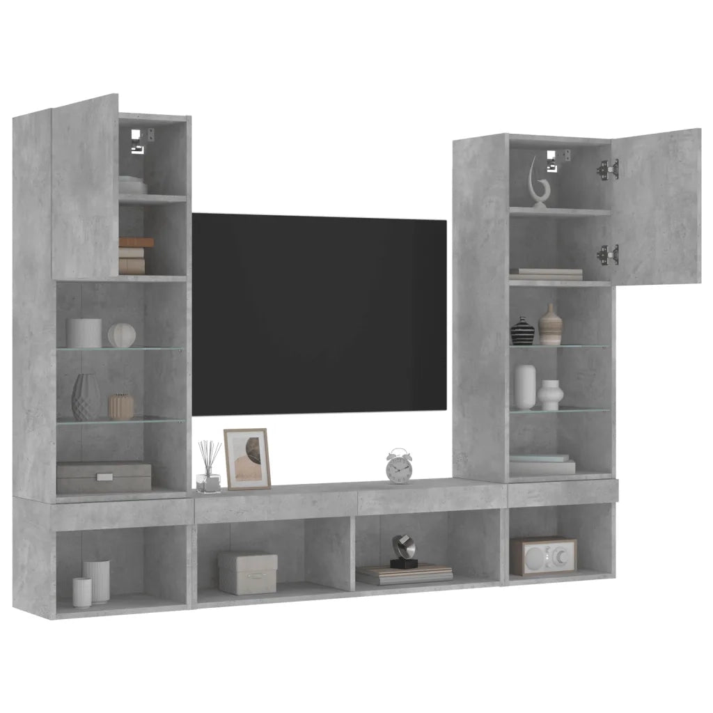 Mobili TV a Muro con LED 5pz Grigio Cemento Legno Multistrato 3216693