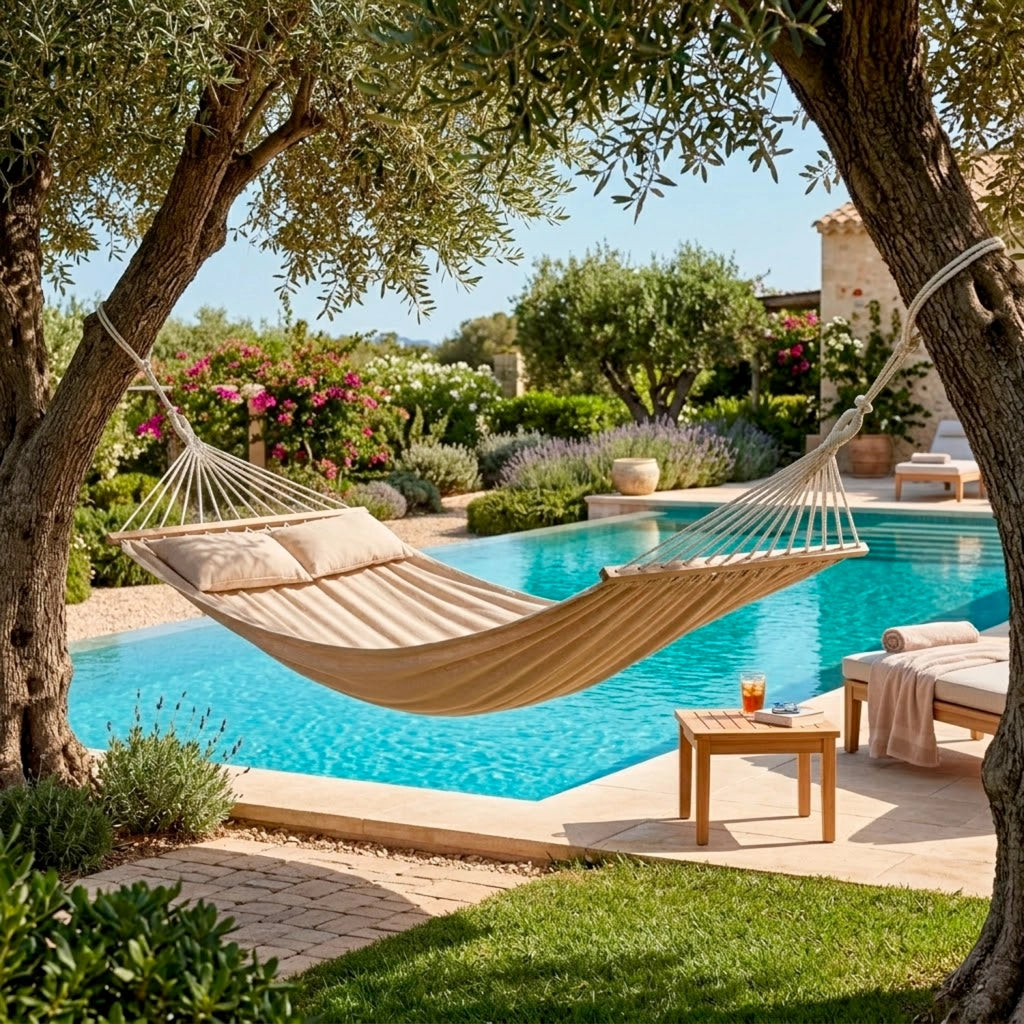 Amaca Matrimoniale Relax Per Giardino Piscina E Terrazza Con Barre In Legno Cuscini Inclusi E Tessuto Cotone Poliestere Resistente 300 Kg 240 x 150 Cm Beige