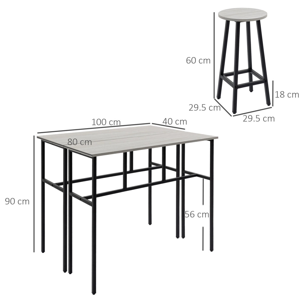 Set bar 6 pezzi con 2 tavoli rettangolari e 4 sgabelli, design industriale, legno e acciaio, grigio
