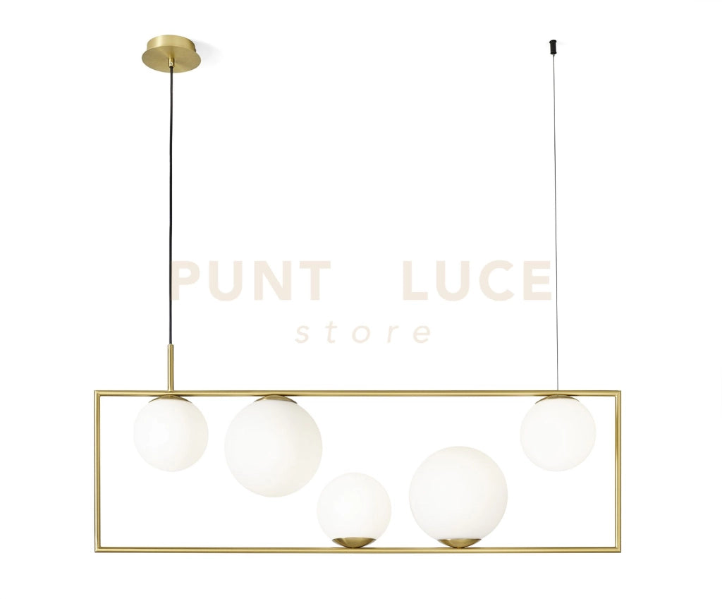 BUBLE LAMPADARIO A SOSPENSIONE 5 SFERE OPALINO STRUTTURA ORO SPAZZOLATO E BRONZO ATTACCO E27