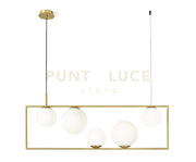 BUBLE LAMPADARIO A SOSPENSIONE 5 SFERE OPALINO STRUTTURA ORO SPAZZOLATO E BRONZO ATTACCO E27