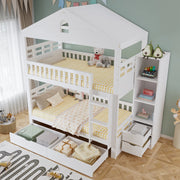 Letto a castello a casetta 90x200 cm bianco con scala; cassetti e scaffale