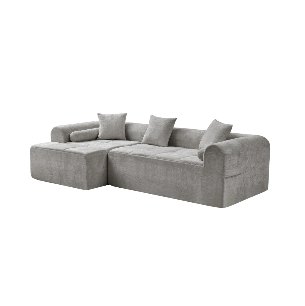 Divano angolare ULEVR 263x132,5x68 cm in tessuto chenille grigio chiaro con tasca laterale