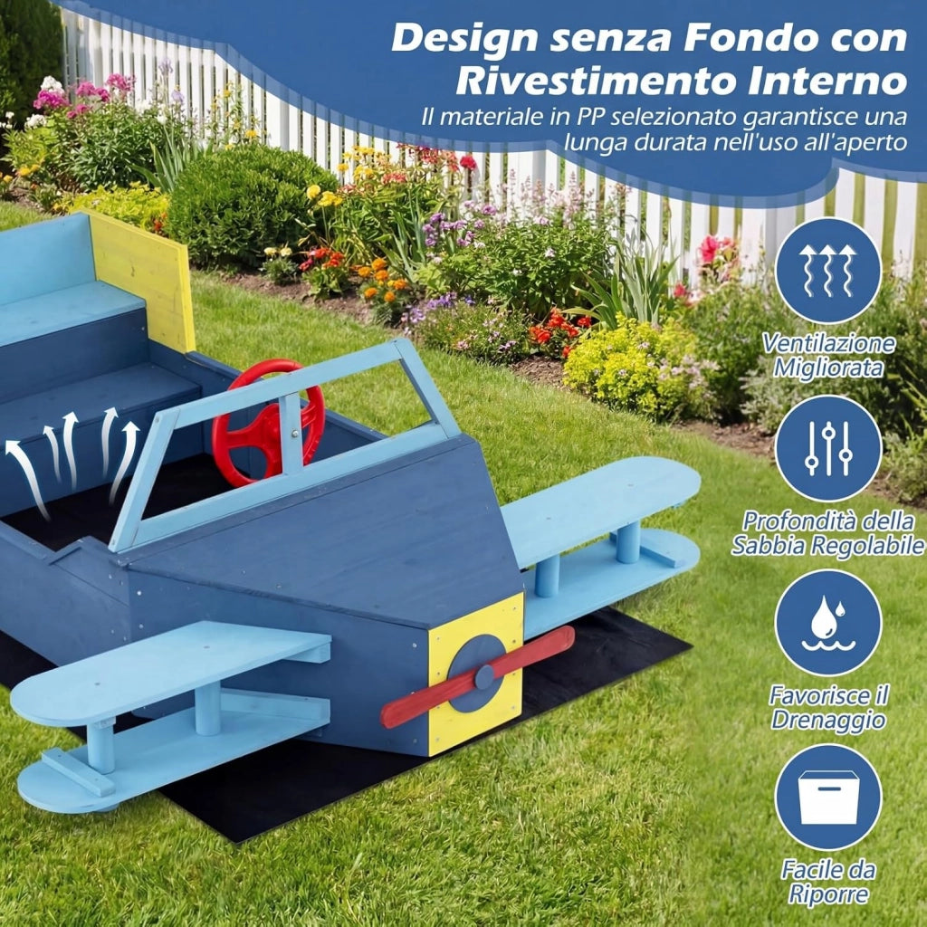 COSYWAY Sabbiera per Bambini in Legno, Gioco da Spiaggia a Forma di Aliante con Panca, Elica, Timone e Alette, Sabbiera da Esterno con Fodera Inferiore per Spiaggia e Cortile, 18 Mesi+, 180x100x50 cm