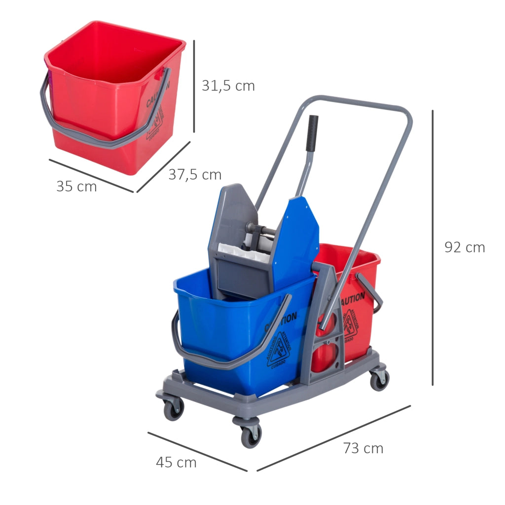 Carrello per pulizie con 2 secchi, 4 ruote, strizzatore, metallo, blu, 73x45x92 cm