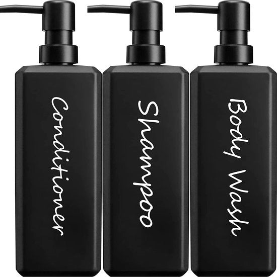 Dispensatore di shampoo, 3 pezzi, 3 ml, dispensatore di sapone, nero, opaco, plastico, lezioni di shampoo da riempire con pompa, dispensatore da bagno, set di lezioni con pompa per condizionatore, corpo e crema