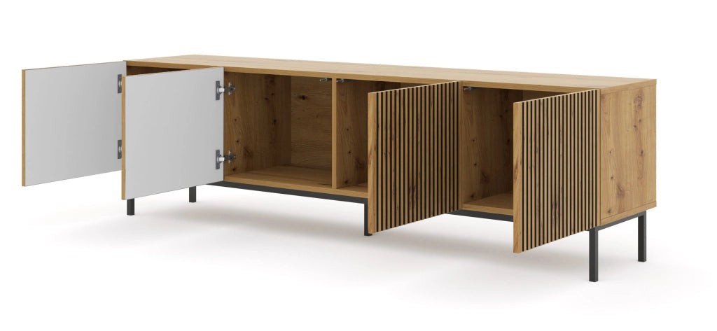 MOBILE RAVENNA F PORTA TV IN MDF VERNICIATO 4D 200 TELAIO NERO ROVERE ARTIGIANALE