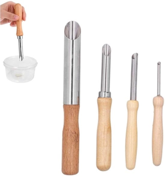 Insieme per forare con 4 pezzi - Foratrice in acciaio inossidabile - Manico in legno - Puntatore in ceramica - Strumento per scolpire - Accessorio per artigianato - Trapano a mano
