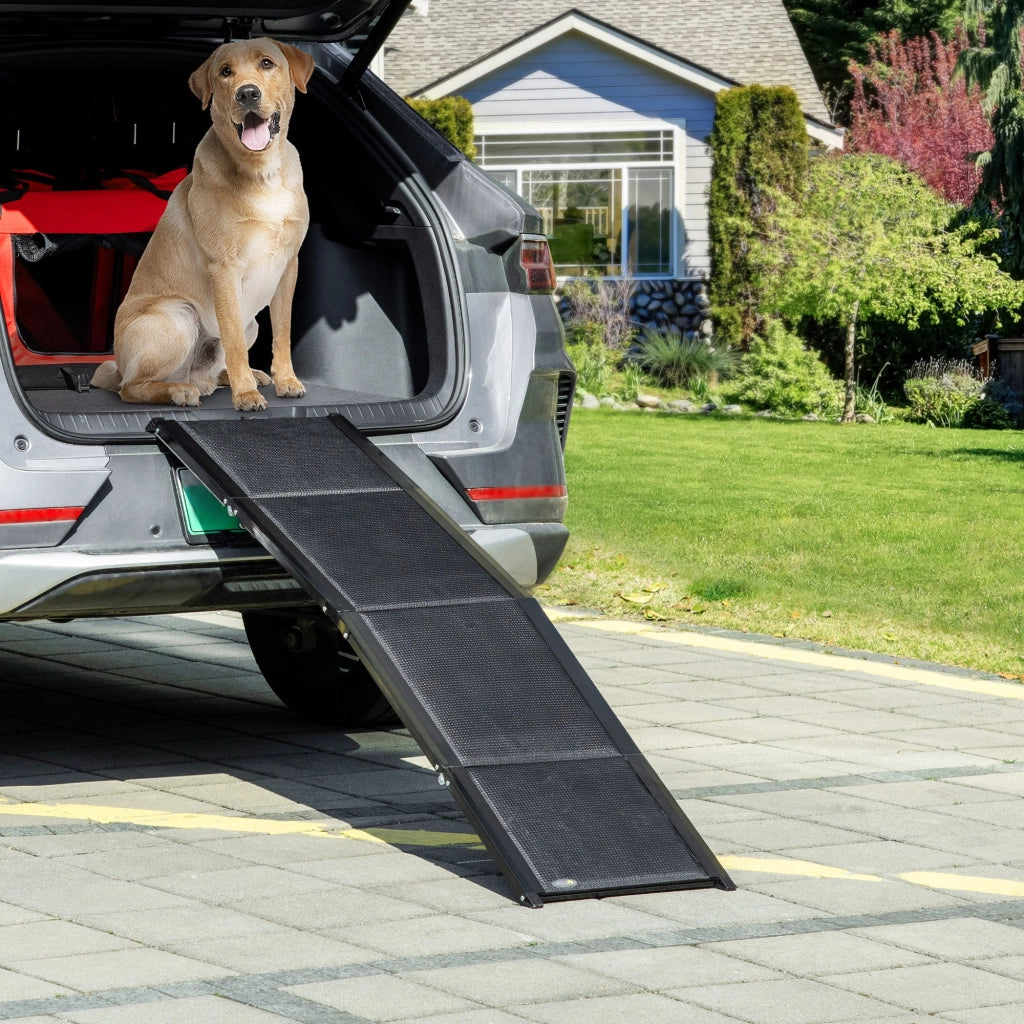 EasyComfort Rampa per Cani Pieghevole con Superficie Antiscivolo in MDF e Alluminio, 158x43.5x2.5 cm, Nero