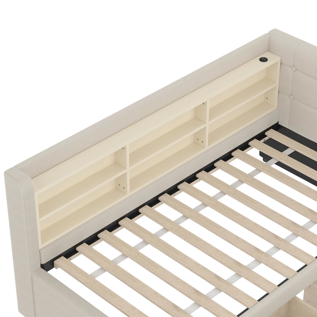 Letto da giorno ULEVR 90x200 cm con 2 cassetti, prese USB e Type-C, ripiani integrati, beige