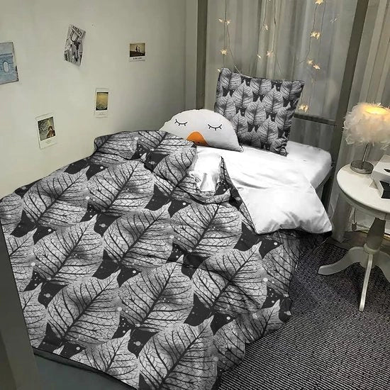 Set di copriletto e cuscino, nero, foglia, 135 x 200 cm, botanico, stampato 3D, microfibra, foglie, set di copriletto foglie, nero e bianco, copriletto 135 x 200 cm e 1 cuscino 80 x 80 cm, nero