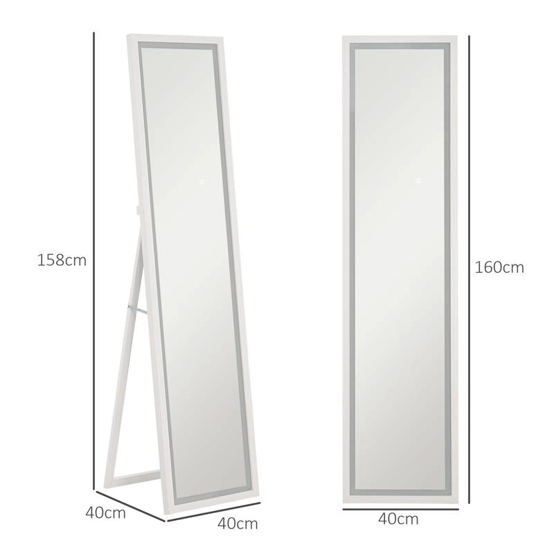 SPECCHIO ILLUMINATO CON LUCI LED REGOLABILI E PULSANTE TOUCH, IN VETRO E MDF, 40X5X160 CM, BIANCO