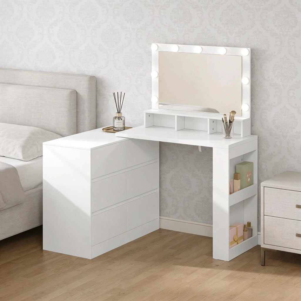 Tavolo multifunzione 2-in-1 a forma L; 6 cassetti grandi; specchio LED regolabile; utilizzabile come scrivania; solo tavolo