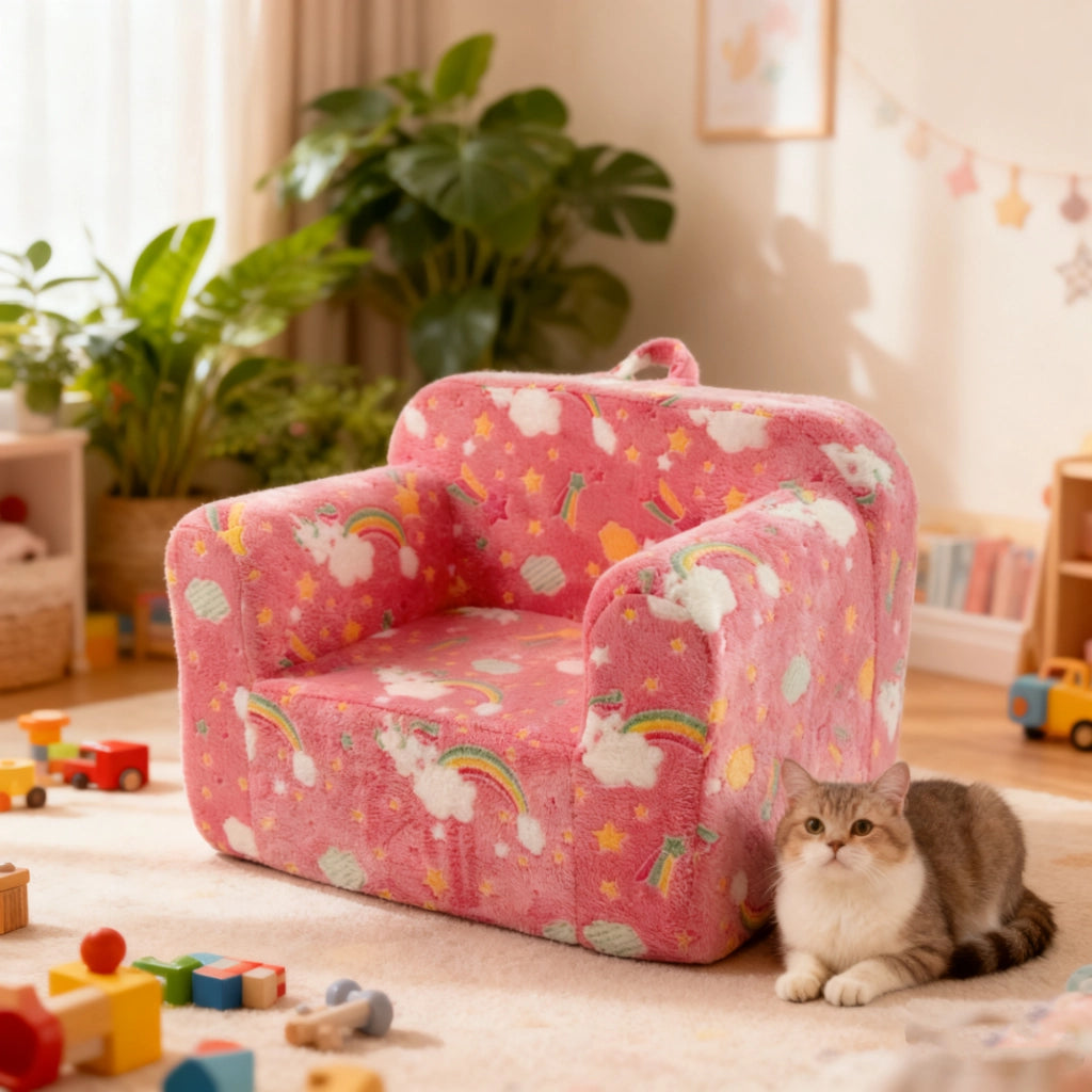 Poltrona per bambini in tessuto con braccioli, fodera sfoderabile e motivo luminoso, leggera, in schiuma rosa