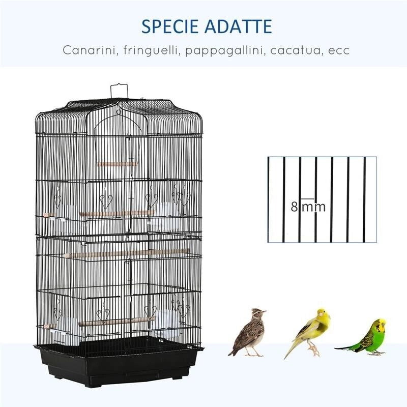 GABBIA PER UCCELLI IN METALLO E PLASTICA CON TRESPOLI, ALTALENA E CIOTOLE, 46.5X35.5X92 CM, NERO